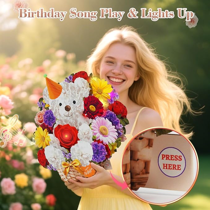 Birthday Cards with MUSIC & LIGHTS, Happy Birthday Card, Bear & Daisy, 10 Inch Life Sized Forever Flower Bouquet 3D Pop Up Greeting Card for Wife Mom Daughter Grandma Women