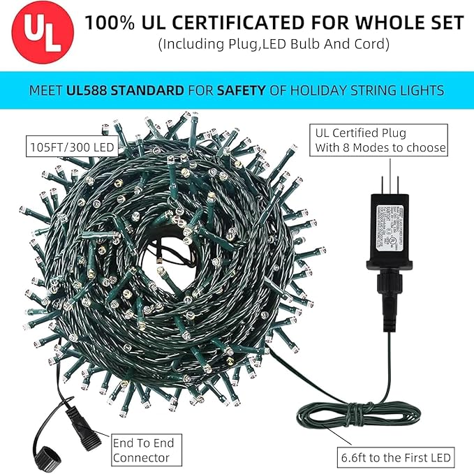 105FT 300 LEDs Red Green Christmas Lights Outdoor Indoor, Christmas Tree Lights Party Decorations, 8 Lighting Modes with Timer & Memory Function