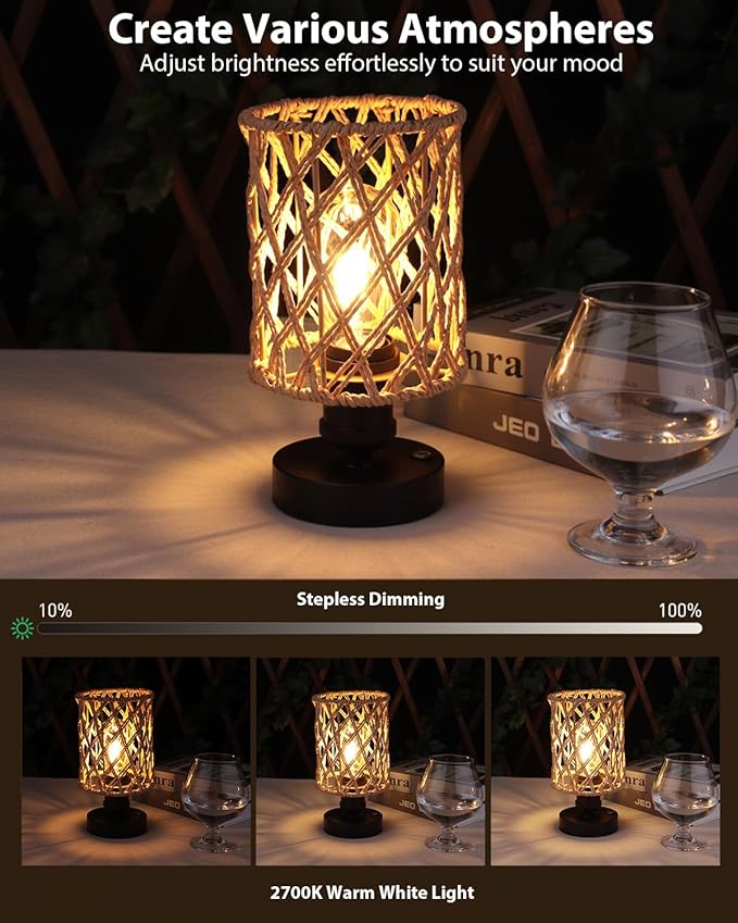 Cordless Outdoor Table Lamps, Small Rattan Boho, Rechargeable Battery Operated for Outdoor Patio, Home, Living Room, Bedroom, Bedside - Set of 2 (Beige-A)