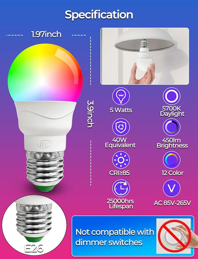ILC RGB LED Light Bulb, Color Changing 40W Equivalent, 5700K Daylight White, 450LM 5W E26 Screw Base RGBW, Mood Light Bulb - 12 Color Choices - Timing Infrared Remote Control Included (4 Pack)