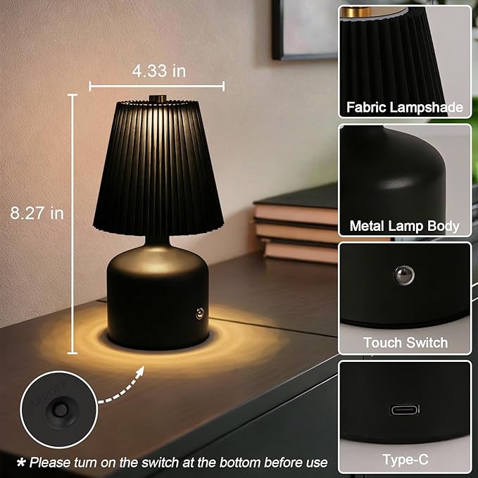 Small Cordless Table Lamp Rechargeable Desk Lamp, 3 Color Stepless Dimming, Metal Base Pleated Table Lamp for Bedside, Bedroom, Dining Room, Living Room (Black)