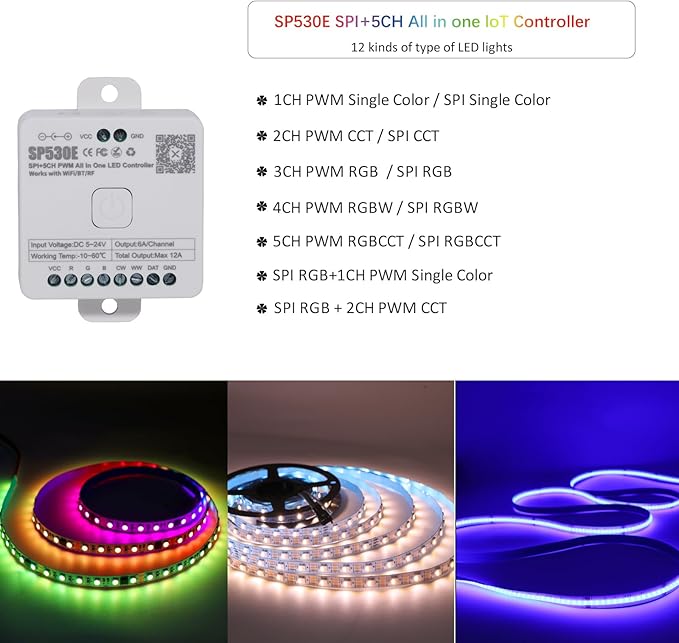 SP530E WiFi Alexa Voice Controller, Ws2812b Ws2811 Led Lights Controller, RGB RGBW RGBCCT Bluetooth Controller 5V-24V, LED Pixel Light Controller for WS2813 WS2815 SK6812
