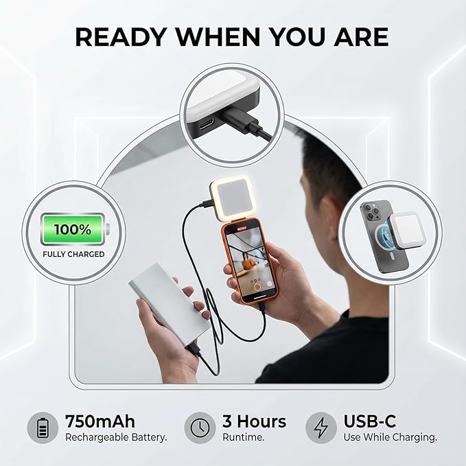 Magnetic Selfie Light Foldable Phone Night with Mirror Rechargeable RGB LED Fill Light Disco Party Mode Portable Ring Light for iPhone Magsafe for Selfies/Photography/TikTok/Zoom Calls (White)
