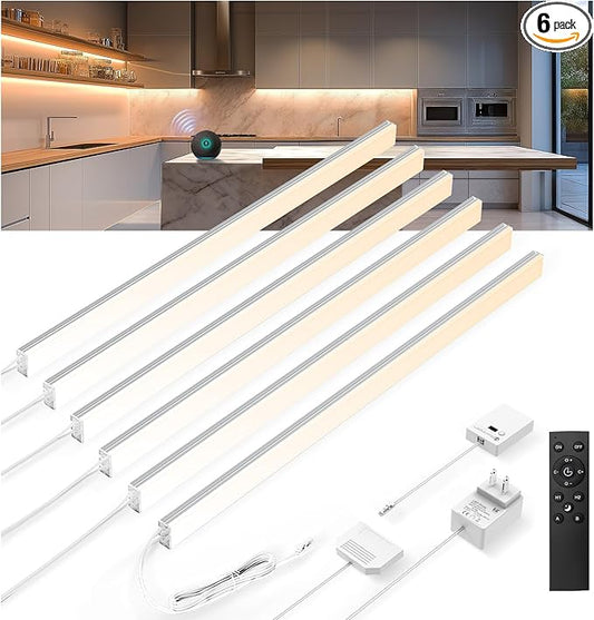 Plug in Under Cabinet Lighting, 6 Pack 12 Inch Ultra-Slim LED Light Bars, Smart App/Voice/Remote Control, Works with Alexa, Dimmable & CCT Adjustable, 5W/Bar, for Kitchen, Closet, Counter