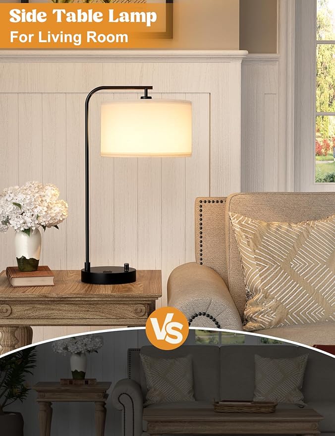 White Side Table Lamp with USB Port and Outlet, Dimmable Nightstand Bedside Lamps with Linen Lampshade, Desk Lamp for Bedroom, Living Room, Guest Room, Home Office, LED Bulb Included