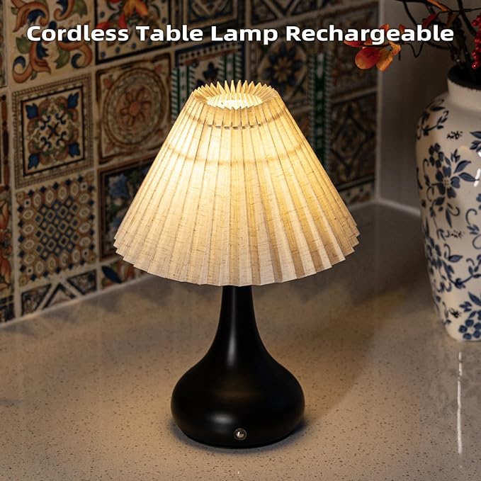MJ PREMIER Cordless Lamp, Rechargeable Table Lamp with Touch Control, Metal Base, Easy Assembly, Stepless Dimming Pleated Lamps for Bedroom/Tabletop/Corner/Entryway (White)