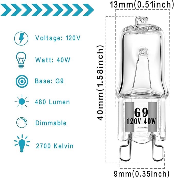 G9 Halogen Bulb 40W 120V T4 JCD Type G9 Base 2 Pin Light Bulb for Range Hood Lights, Bathroom Light Bulbs, Microwave Ovens Candle Warmer Light Bulbs, Dimmable Warm White (Pack of 12)