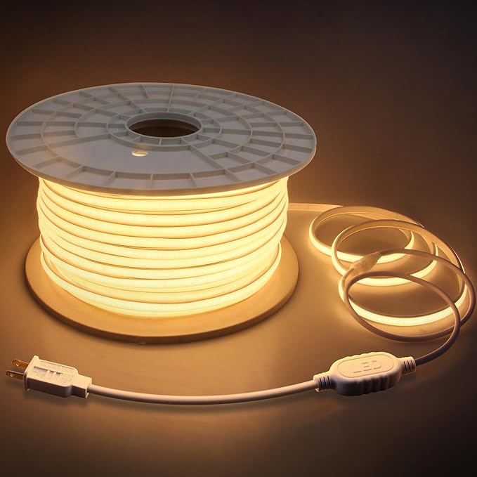 300FT Led Rope Lights Outdoor Waterproof 1 Roll IP67 Plug in with Clips 120V LED Strip Light 3000K Warm White Super Long Flexible Soft Led Light for Outdoor Building Commerica Holiday Decor
