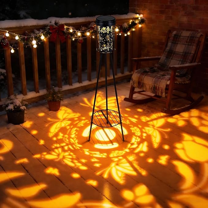Solar Floor Lamps Outdoor RGB Butterfly Projection Metal Cordless Floor Lamp with Plant Stand,42.48 Inch Waterproof Decorative Garden,Patio,Porch,Yard,Path,Black,2 Pack