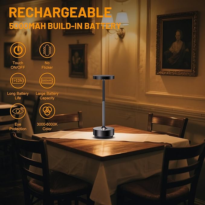 SAKRINGT Rechargeable Cordless Table Lamp - Battery Operated LED Portable Table Light with 3 Color Stepless Dimming, Memory Function - IP54 Waterproof for Outdoor, Restaurant, Patio, Camping