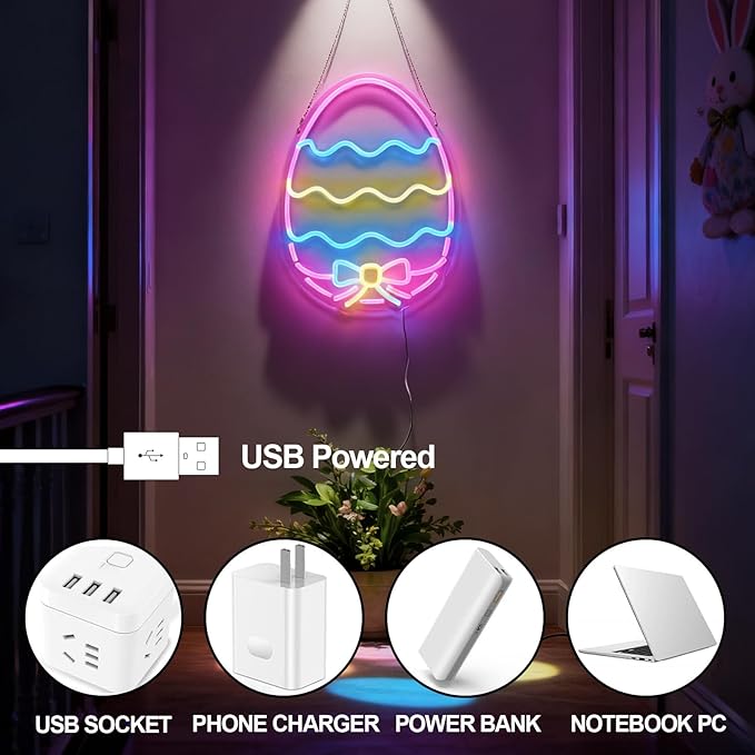 Easter Eggs Neon Sign - Multicolor Pastel LED Wall Light, USB Powered Dimmable Spring Decor with Hanging Chain - Perfect for Easter Party Decorations & Home festive Decor