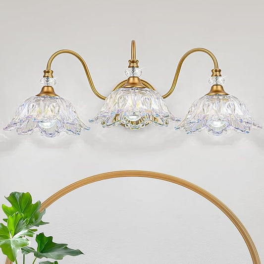 Vintage Bathroom Vanity Light, 3-Light Matte Brass Finish Vanity Light with Flower-Shaped Rainbow Glass Shades, Retro Wall Sconce for Bathroom