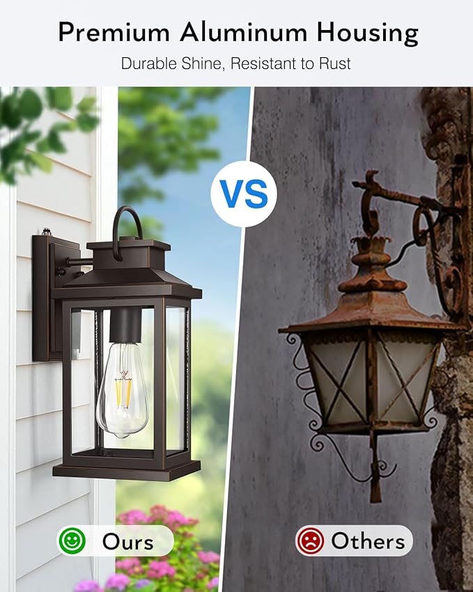 VIANIS Dusk to Dawn Outdoor Light Fixtures Wall Mount, Farmhouse Oil Rubbed Bronze Exterior Wall Sconce Lanterns Lighting for House, Waterproof Outside Front Door Light with Tempered Glass for Porch