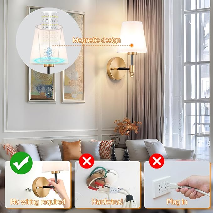 Battery Operated Wall Sconces Set of 2, Wireless Wall Light with 10000mAh RGB Dimmable Magnetic Bulb, Rechargeable Wall Sconce with Remote Control for Bedroom Living Room