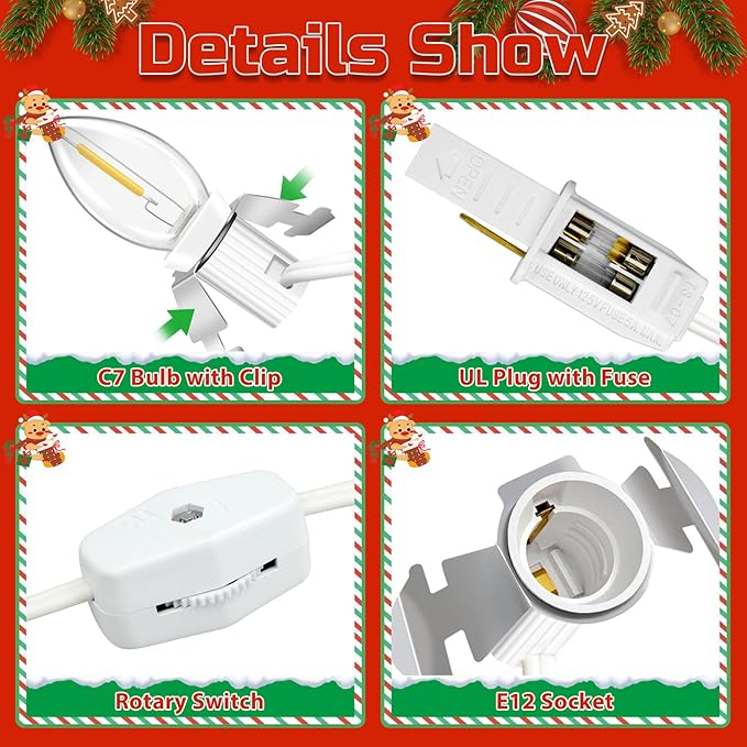 Christmas Village Lights with 5 LED Bulbs, 9ft Accessory Cord with C7 LED Light Bulbs for Halloween Pumpkin, Blow Mold, Christmas Villages Houses, Ceramic Trees, Craft Projects