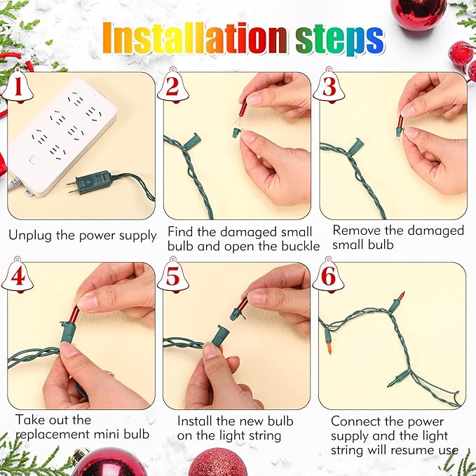 Mudder 60 Count Christmas Replacement Mini Light Bulbs with Base Christmas Tree Incandescent Wire String Lights Replacement Bulbs for Xmas Indoor Outdoor Decoration(Colorful,3.5vx0.12a)
