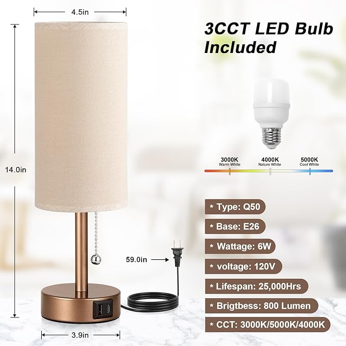 Brown Table Lamp for Bedroom Nightstand - Small Lamp with USB A + C Charging Port, 3 Color Temperatures Pull Chain Night Stand Light, Silver Base Desk Reading Lamp for Living Room