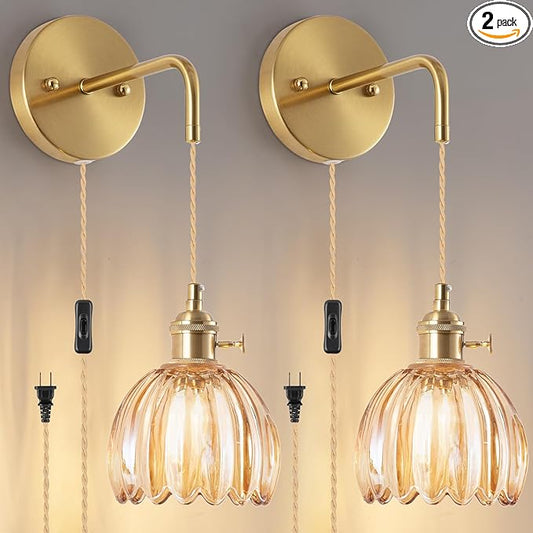 Plug-in Wall Sconce (Set of 2), Vintage Wall Decorative Lamp with Amber Glass Shade, Indoor Plug-in Wall Sconce for Bedroom, Living Room, Hallway