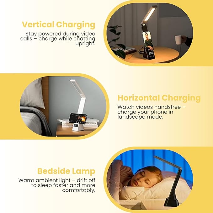 LumiCharge Charging Station with Clock - Lumi Mini 7-in-1 Multifunctional Desk Lamp with Wireless Charger Alarm and Smart Clock Display, Space Saver 10W Dimmable Lamp with Charger for Multiple Devices