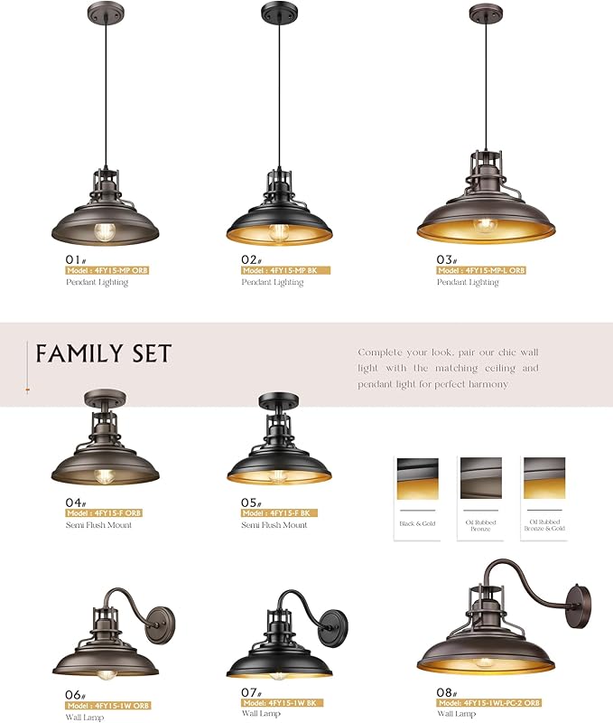 FEMILA Farmhouse Pendant Light,12" Barn Vintage Hanging Light Fixture for Kitchen Island, Adjustable Height,Oil Rubbed Bronze Finish, 4FY15-MP ORB