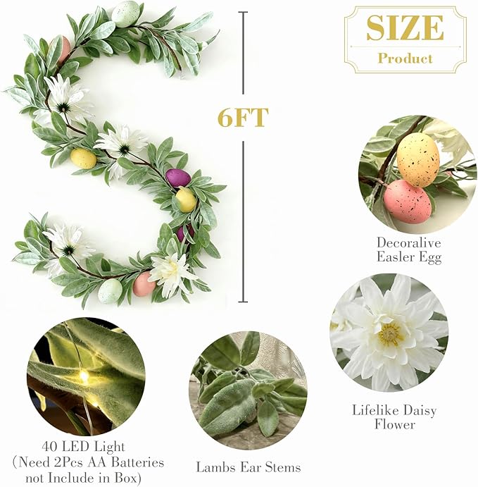 6ft Pre-Lit Easter Garland with 40 LED Lights, Artificial Waterproof Lambs Ear Spring Floral Greenery with Pastel Eggs & Daisy Flowers for Fireplace Mantels, Tables, Walls,Indoor & Outdoor Decor