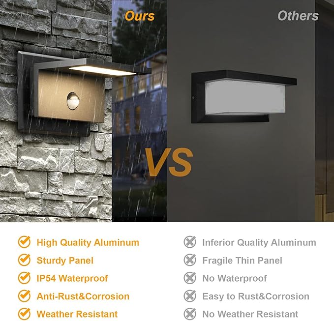 2 Pack Outdoor Wall Light Black LED Motion Sensor Porch Light Wall Mount Lamp for Garage House IP54 Waterproof 680LM 10W