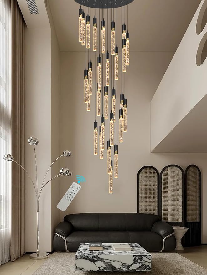 Flashing God Black 28 Lights Large Foyer Chandeliers for High Ceilings 12 feet Long Spiral Stair Pendant Chandelier Crystal Ceiling Light Fixtures Dimmable 2700k-4500k-6000k