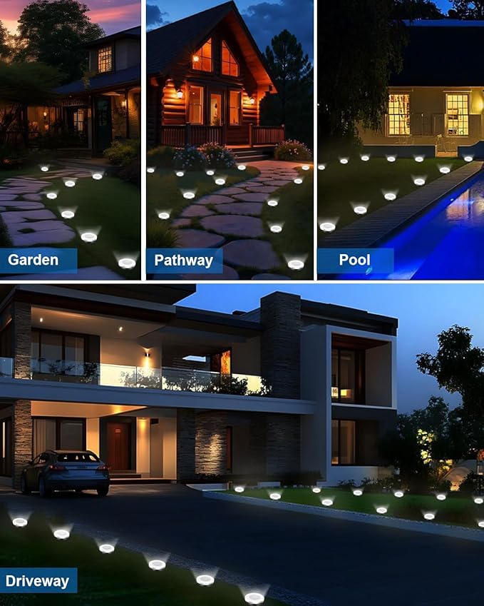 Solar Lights Outdoor Waterproof, 8 Pack 8 LED, Thickened Stainless Steel Ground Light, Solar Garden Lights Landscape Lighting for Patio Pathway Lawn Yard Deck Driveway Walkway, Warm White