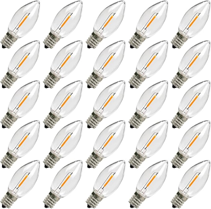KGC C9 LED Replacement Christmas Lights Bulbs-0.6W Equivalent to 7W, Warm White 2200K, No Glass Shatterproof & Waterproof Plastic Bulbs, E17 Screw for Indoor Outdoor Patio String Lights 25 Pack