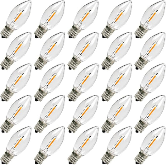 KGC C9 LED Replacement Christmas Lights Bulbs-0.6W Equivalent to 7W, Warm White 2200K, No Glass Shatterproof & Waterproof Plastic Bulbs, E17 Screw for Indoor Outdoor Patio String Lights 25 Pack