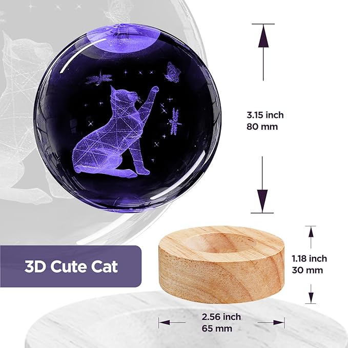 3D Cat Crystal Ball Night Light Cat Lover Gifts for Women Upgraded 3.15 In Cat Figurines Glass Ball Home Decor Lamps with 16 Color Cat Collectibles Snow Globes Gift for Girl Cat Lamp for Her Mom
