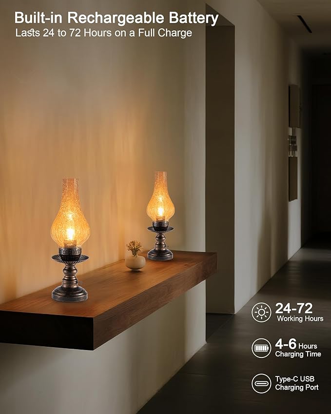 UMEXUS Vintage Rechargeable Cordless Table Lamp with Dimmer & Touch Control, Small Battery Powered Lights, Amber Hand-Blown Glass Retro Farmhouse Lamp for Bedroom, Living Room, Dining Table, Kitchen