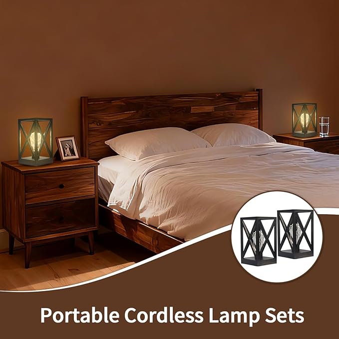 Cordless Table Lamp, 2 Pack Battery Operated Table Lamp, Portable Nightlight Lantern Decor for Outdoor Picnic Dining Room Bedroom Patio Backyard (Black & Gold Finish )