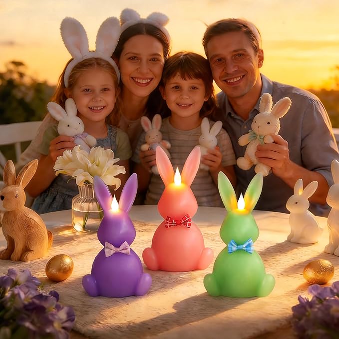 3PCS Easter Bunny Flameless Candles - LED Easter Candles Battery Operated with Remote Timer Rabbit-Shaped Real Wax Pink Purple Green, Spring Party Decoration Centerpiece Table Home Decor
