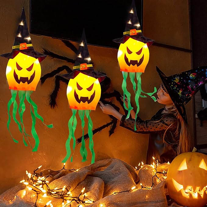Halloween Decorations Outdoor Hanging Lights Decor Glowing Pumpkin Witch Hat Led Lighted Up Scary Orange Decoration for Indoor Outside Party Tree Garden Porch Ornament (3 Pcs)