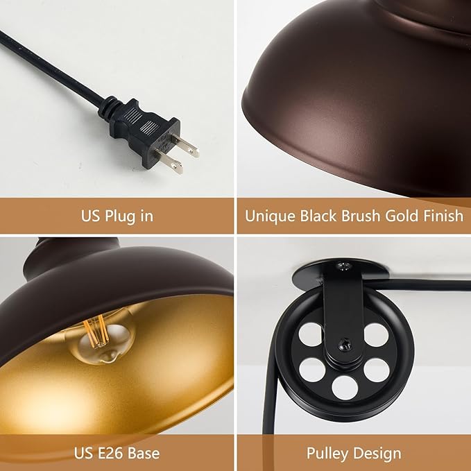Oil Rubbed Bronze Pendant Light Hanging Lamps for Living Room Plug in 15FT Dimmable Switch Adjustable Pulley Hanging Lights with Cord for Kitchen Bedroom 2 Pack