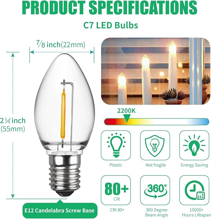 Meconard C7 LED Replacement Christmas Light Bulbs, C7 Shatterproof LED Bulbs for Christmas Indoor Outdoor String Lights, E12 Candelabra Base, Commercial Grade Holiday Bulbs, Warm White, 25 Pack