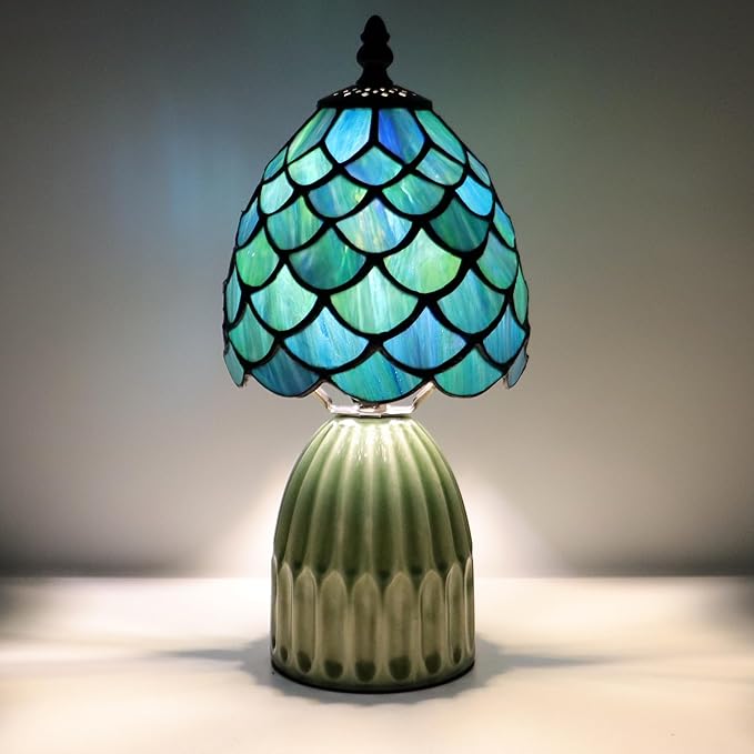 Tiffany Lamp Stained Glass Mushroom Table Lamps 6X6X12.5 Inch Sea Blue Fish Scale Style Small Night Light Ceramic Base Mini Accent Desk Light Suitable for Bedside Table Bedroom Children Room
