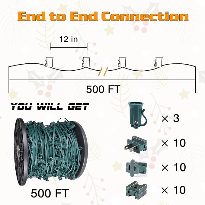 500FT C7 Light String Christmas Stringer, E12 Christmas Sockets 12" Spacing, C7 Stringer Set Green Outdoor String Light for Wedding Patio Event Lighting Decor, Green Wire