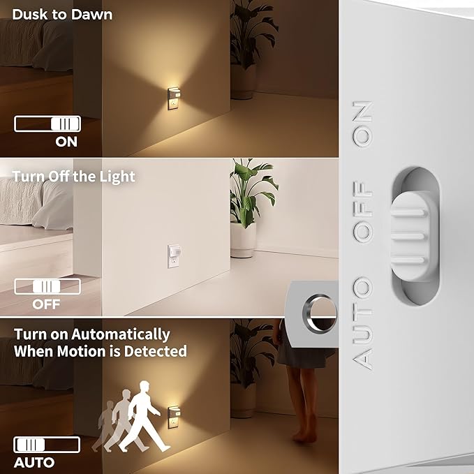 DORESshop LED Night Light[4 Pack], Night Lights Plug into Wall, 3 Color Temperatures Plug in Night Light with Motion Sensor, Dusk to Dawn Sensor, Nightlights for Adults, Bedroom, 3CCT, White Cover