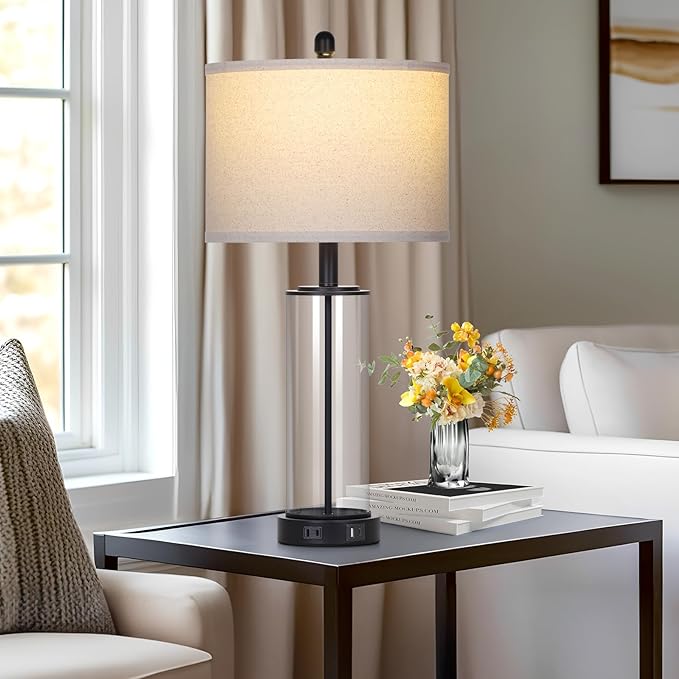 26" Glass Table Lamp Single, 3-Way Dimmable Touch Control Living Room Lamp with USB C+A Ports & AC Outlet, Modern Bedside Lamps, Bedroom Lamps for Nightstand Side End Table Desk, Black-1PK