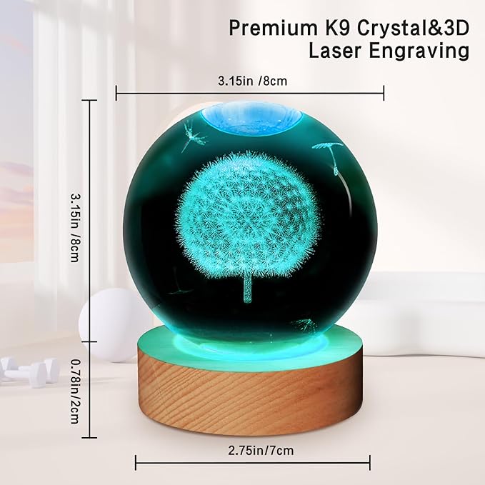 3D Crystal Ball Dandelion Lamp,3.15inch Multi-Color Changing Bedroom Decor Night Lights,Christmas Birthday Gifts for Boys,Girls