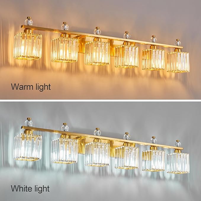 Vanity Lights 6-Light Modern Crystal Vanity Light Gold Bathroom Light Fixtures Over Mirror Crystal Bathroom Vanity Lighting Fixtures