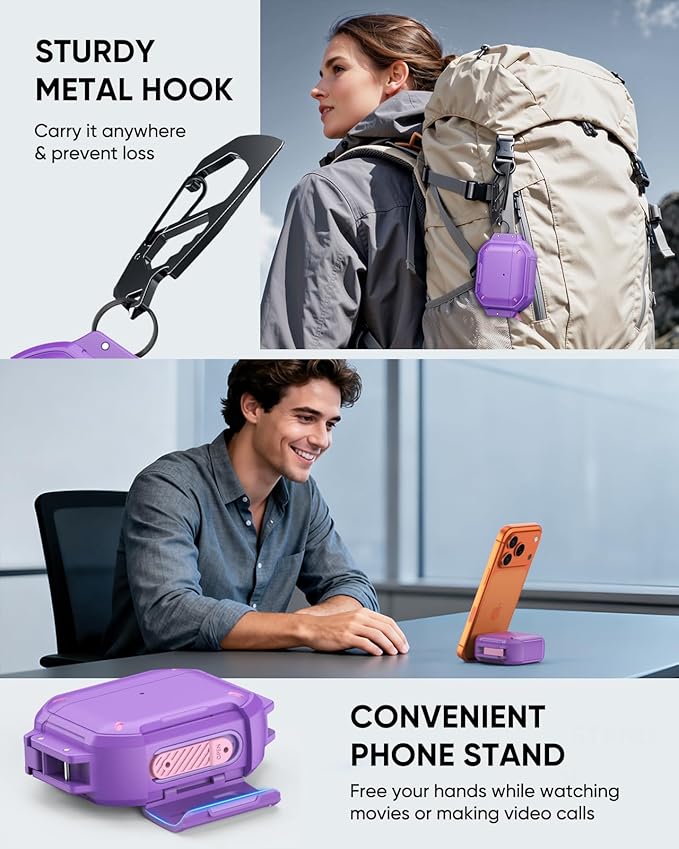 MoKo for AirPods Pro 3 Case with Secure Lock - IP68 Waterproof Case for iPods Pro 3, Military-Grade Protective Cover Earpods Pro 3 with Keychain, Phone Stand & Cleaner Kit, Purple