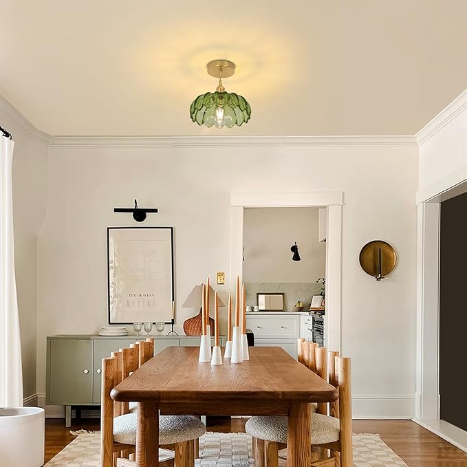 Pendant Light with Green Scindapsus Glass Lmapshade, Brass Vintage Pendant Light Adjustable Hanging Light for Kitchen Island Dining Room Hallway