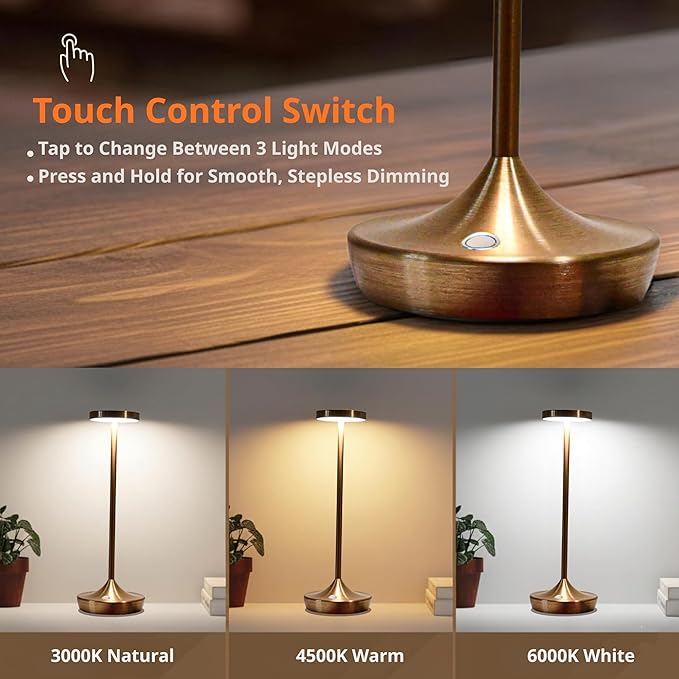 Cordless Table Lamp Rechargeable - 6000mAh LED Battery Operated Table Light - Portable Touch Dimmable Outdoor Waterproof Table Lamps for Patio Restaurant Dining (Bronze)