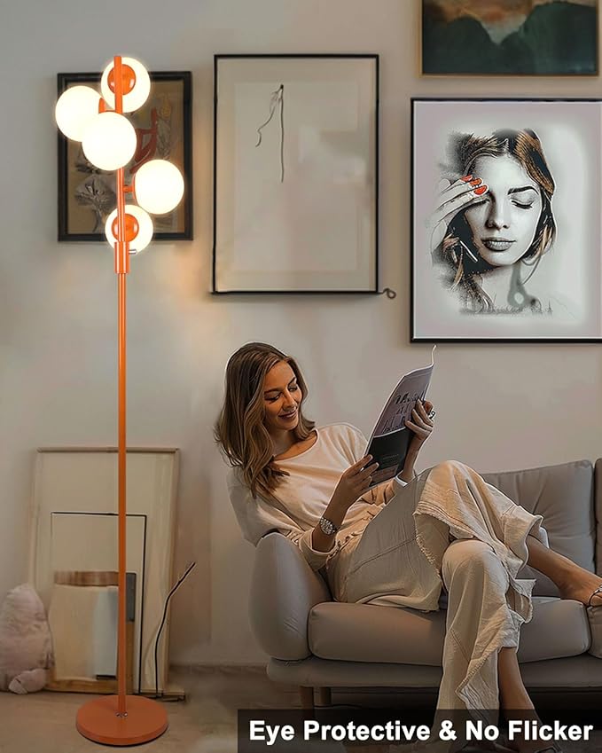 Lightdot 5-Globe Dimmable Globe Floor Lamp Orange Retro Standing Lamps with 5Pcs Bulbs Included Brightness Adjustable Mid Century Modern Floor Lamp for Living Room/Sofa Beside/Corner Decor