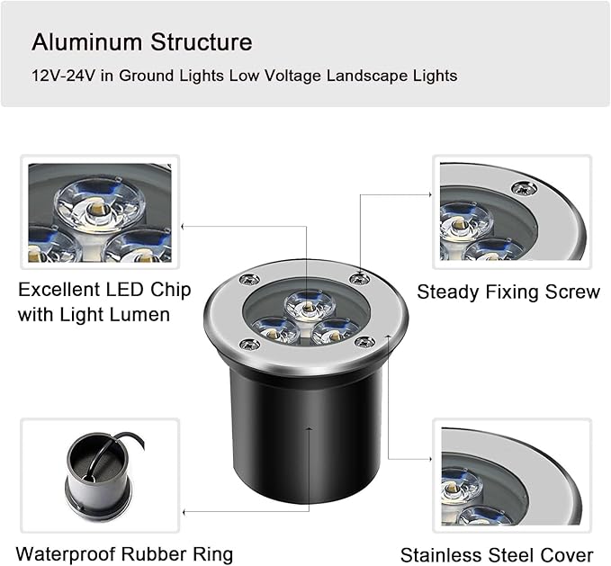 3W Low Voltage Landscape Lighting Well Lights Landscape LED in Ground Waterproof 12V-24V Low Voltage Outdoor in Ground Lights for Pathway Garden 1 Pack with Connectors