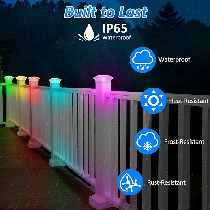 T-SUN Solar Post Cap Lights with Auto-Change Colors- for Wooden (4x4/6x6) & Vinyl (4x4/5x5) Posts | Weatherproof Outdoor Solar Fence Post Lights for Deck, Porch, Garden & Stairs(12-Pack,RGB)