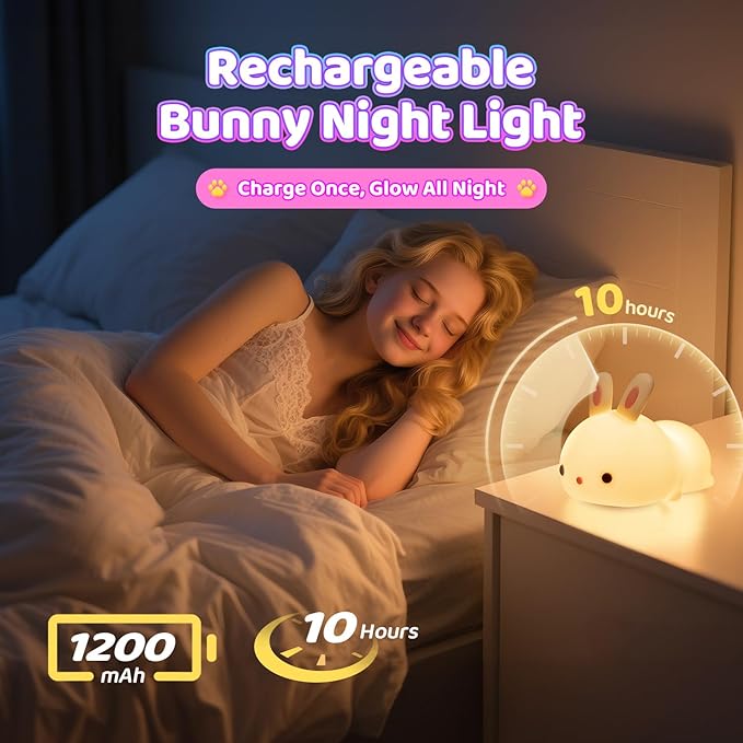 OneFire Easter Bunny Gifts for Kids, 16 Colors Night Light for Kids Cute Lamp, Soft Silicone Baby Night Light, 1200mAh Portable Dimmable Bunnies Touch Lamps, Easter Gifts Bunny Toys Kawaii Room Decor